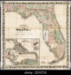 Titolo della fonte originale: 'La nuova mappa cittadina di Colton dello stato della Florida.' Questa mappa dettagliata del 1873 include una mappa dei Caraibi, delle Bermuda e della città di l'Avana. Mostra anche ferrovie, laghi, paludi e contee. Foto Stock