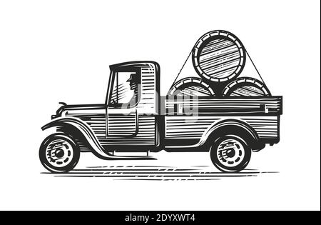 Camion retrò con barili di vino o altro alcool. Illustrazione vettoriale vintage dello schizzo dell'agricoltura Illustrazione Vettoriale