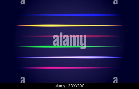 Set di spazzole al neon. Set di oggetti chiari colorati su sfondo scuro. Illustrazione Vettoriale