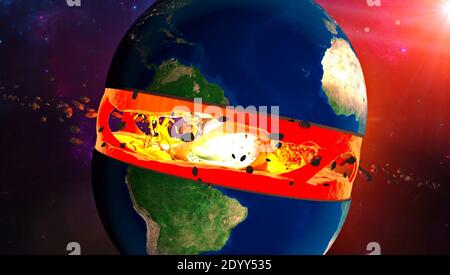 Sezione della Terra, strati e nucleo. Sezione orizzontale e in sezione, vista satellitare del continente americano. Esplosione e cataclismo. Detriti Foto Stock