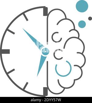 Mezzo cervello umano e mezzo orologio icona. Stile piatto. Isolato su sfondo bianco. Illustrazione Vettoriale