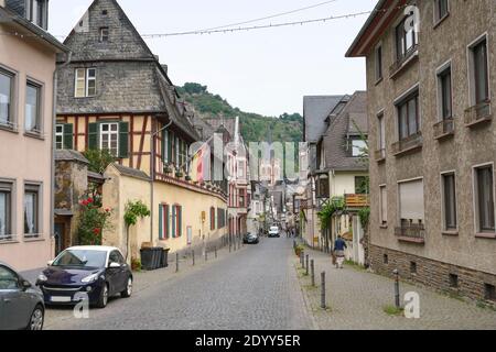 Vista sulla città di Bacharach, una città del distretto di Mainz-Bingen nella Renania-Palatinato, Germania Foto Stock