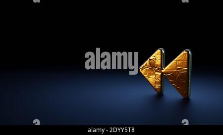 simbolo di rendering 3d del triangolo doppio rapido all'indietro a sinistra arrotondato frecce avvolte in lamina termica dorata su blu scuro sfondo Foto Stock