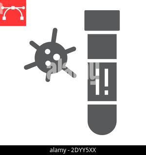 Icona glifo della provetta per analisi del sangue Covid-19, coronavirus e diagnosi, grafica vettoriale del segno della provetta per analisi del sangue, icona del tratto solido modificabile, eps 10. Illustrazione Vettoriale