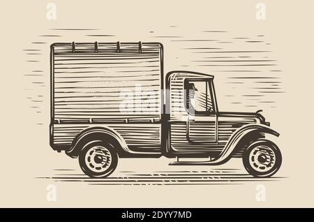 Schizzo di un autocarro agricolo retrò. Illustrazione vettoriale di coltivazione vintage Illustrazione Vettoriale