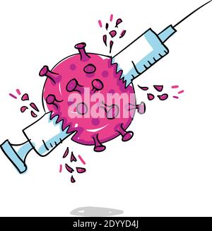 Immunizzazione di massa con una siringa riempita con un vaccino per la lotta contro il Coronavirus. Illustrazione vettoriale disegnata a mano Illustrazione Vettoriale