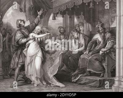 Illustrazione della commedia di William Shakespeare Hamlet, atto IV, scena V. da un'incisione del XVIII secolo di Francis Legat dopo un'opera di Benjamin West.