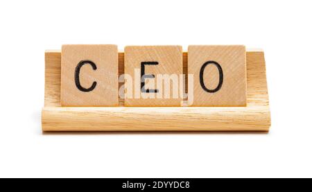 Wood Letter Blocks Spelling out CEO Cut out on White. Foto Stock