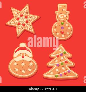 Illustrazione vettoriale dei biscotti di Capodanno sotto forma di stella, pupazzo di neve, Babbo Natale e albero di Natale. Deliziosi biscotti fatti in casa con pan di zenzero. Illustrazione Vettoriale