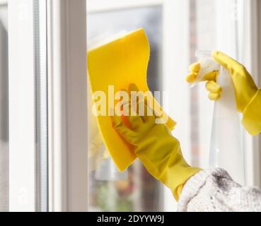 Pulizia di una finestra con detergente spray, guanti in gomma gialla e panno per stoviglie sulla superficie di lavoro per il concetto di igiene, business e salute Foto Stock
