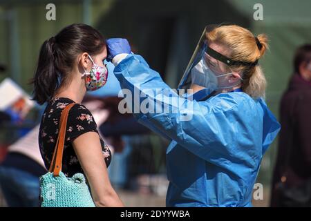 Medica femminile che controlla la temperatura (con termometro digitale) di una donna in attesa di un test di immunità collettiva contro il virus della corona. Foto Stock