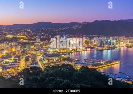 Tramonto vista aerea di Wellington, Nuova Zelanda Foto Stock