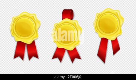 Collezione di ceralacca dorata con nastro rosso isolato su fondo bianco. Timbro retro circolare realistico per documenti, buste, lettere o striscioni Illustrazione Vettoriale