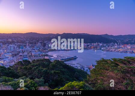 Tramonto vista aerea di Wellington, Nuova Zelanda Foto Stock