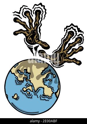 Crisi dei rifugiati/migranti in Europa - due mani stanno per coprire la mappa del mondo. Illustrazione cartoon su sfondo bianco Foto Stock