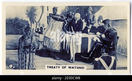 Firma del trattato di Waitangi nel 1840, quando Maori e i coloni inglesi fecero un trattato di cooperazione; da una carta di sigarette stampata negli anni '30 Foto Stock