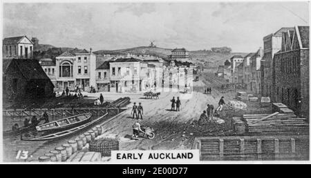 Illustrazione dei giorni pionieristici ad Auckland Nuova Zelanda; da una carta di sigaretta stampata negli anni '30 Foto Stock