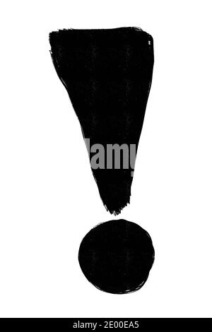 Punto esclamativo - simbolo e segno di ordine, comando, avviso e enfasi. Segno di punteggiatura nero su sfondo bianco. Grunge stile grafico. Foto Stock