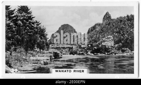 Illustrazione del fiume Waikato vicino al villaggio di Atiamuri, con il Monte Pohaturoa sullo sfondo, Rotorua, Nuova Zelanda; da una carta di sigaretta stampata negli anni '30 Foto Stock