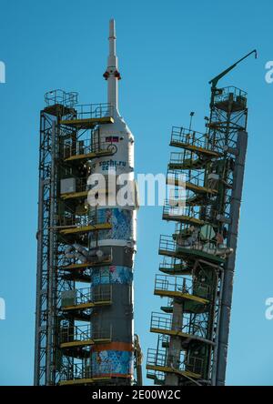 Il razzo Soyuz TMA-11M, adornato con il logo del Comitato organizzatore Olimpico Sochi e altre opere d'arte correlate, come le armi della struttura di servizio sono rialzate in posizione al piazzale di lancio martedì 5 novembre 2013, presso il Cosmodromo Baikonur in Kazakistan. Il lancio del razzo Soyuz è previsto per il 7 novembre e invierà la spedizione 38 Soyuz Comandante Mikhail Tyurin di Roscosmos, l'ingegnere di volo Rick Mastracchio della NASA e l'ingegnere di volo Koichi Wakata della Japan Aerospace Exploration Agency in una missione di sei mesi a bordo della Stazione spaziale Internazionale. Handout Foto di Bill Ingal Foto Stock