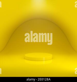 Sfondo giallo e piedistallo per prodotti. illustrazione 3d, rendering 3d. Minimalismo astratto. Foto Stock