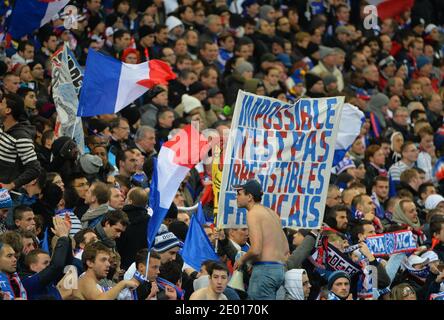 I fan della Francia durante la partita di calcio della Coppa del mondo FIFA Europe Group 2014, Francia contro Ucraina allo Stade de France, nella periferia di Parigi, Francia, il 19 novembre 2013. Foto di Christian Liegi Foto Stock