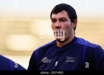Vendita Sharks bloccare JP Du Preez durante il riscaldamento prima della Gallagher Premiership Rugby match sale Sharks -V- Wasps all'AJ Bell Stadium, Greater ma Foto Stock