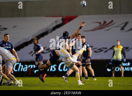 Vendita Sharks Lock JP Du Preez tende a ridurre Un calcio da Wasps Dan Robson durante la premiership Gallagher Squali in vendita per partite di rugby -V- vespe Foto Stock