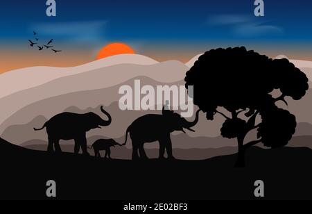 Immagine di silhouette elefante nero con elefante mahout che cammina al foresta con montagna e tramonto sfondo luce vettoriale sera Illustrazione Illustrazione Vettoriale