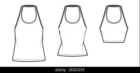 Set di serbatoi halter scoop collo top illustrazione tecnica moda con slim, oversize fit, vita, lunghezza del raccolto. Outwear di abbigliamento piatto, modello frontale, colore bianco. Donne uomini Unisex CAD mockup Illustrazione Vettoriale