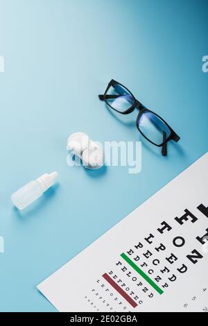 Occhiali con lenti a contatto, gocce e una tabella di prova dell'occhio di Optometrist su uno sfondo blu. La vista dall'alto. Spazio libero Foto Stock