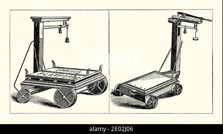 Una vecchia incisione di due piccole bilance a piattaforma gommate prodotte da e e T Fairbanks and Company nel 1800. E 'da un libro di ingegneria meccanica vittoriana del 1880. Queste bilance mobili erano utili in luoghi come i depositi ferroviari. American Thaddeus Fairbanks (1796 – 1886) è stato un inventore statunitense. Nel 1824 costruì una fonderia di ferro a St Johnsbury, Vermont, USA con il fratello Erastus. La più famosa invenzione di Fairbanks, ‘le bilance Fairbanks’, una bilancia a piattaforma in grado di pesare con precisione carichi molto grandi. Le bilance Fairbanks continuano ad essere prodotte a St Johnsbury. Foto Stock