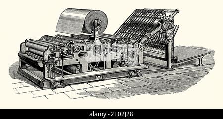 Una vecchia incisione della macchina da stampa per il perfezionamento del web di Hoe del 1871. E 'da un libro di ingegneria meccanica vittoriana del 1880. Una pressa da stampa rotativa è una pressa da stampa in cui il tipo e le immagini da stampare sono curvate intorno a un cilindro. Le stampanti che utilizzano rotoli continui vengono talvolta denominate stampanti ‘web’. Richard March Hoe (New York, 1812 – 1886) è stato un inventore statunitense che ha progettato presse rotative, tra cui la ‘Hoe web perfecting press’ del 1871, che utilizzava un rotolo continuo di carta e rivoluzionava l’editoria. Foto Stock