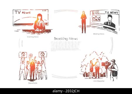 Programma televisivo serale, newscaster femminile, reporter che prende l'intervista, banner stampa di massa. Professione di giornalista, trasmissione di notizie di rottura c Illustrazione Vettoriale