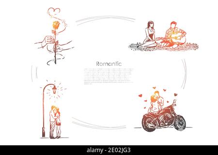 Marito e moglie al picnic, uomo che suona la chitarra, fidanzata e fidanzata sulla data, banner datazione. Relazione romantica, celebrazione San Valentino conc Illustrazione Vettoriale