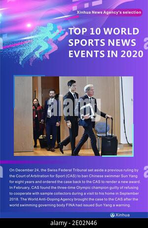 Pechino, Cina. 29 Dic 2020. Il 24 dicembre, il Tribunale federale svizzero ha annullato una precedente sentenza della Corte d'arbitrato per lo sport (CAS), che vietava per otto anni il nuotatore cinese Sun Yang, e ha ingiunto il caso al CAS di restituire un nuovo premio. In febbraio, CAS ha trovato colpevole il tre volte campione olimpico di rifiutarsi di collaborare con i collezionisti di campioni durante una visita a casa sua nel settembre 2018. L'Agenzia mondiale antidoping ha portato il caso al CAS dopo che l'ente governativo FINA del mondo del nuoto aveva emesso un avvertimento a Sun Yang. Credit: Xu Xiaoxuan/Xinhua/Alamy Live News Foto Stock