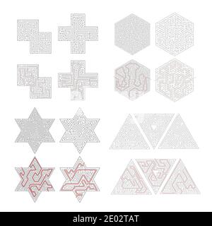 Grande serie di labirinti complessi diversi con percorso rosso di soluzione su bianco Illustrazione Vettoriale