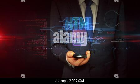 Simbolo HTML5, sviluppo, codice, linguaggio informatico e tecnologia di programmazione. Illustrazione del rendering 3d del concetto astratto futuristico. Foto Stock