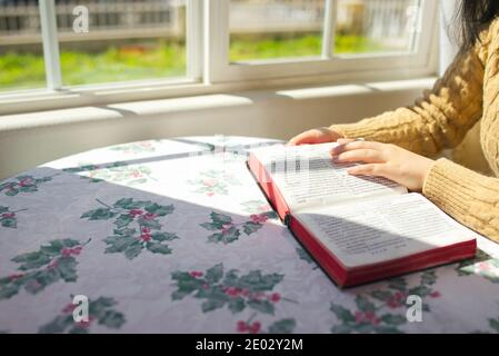 Coronavirus, closeup di una donna seduta di fronte a una finestra e la lettura della Bibbia a casa, luce solare brillante, copia spazio Foto Stock