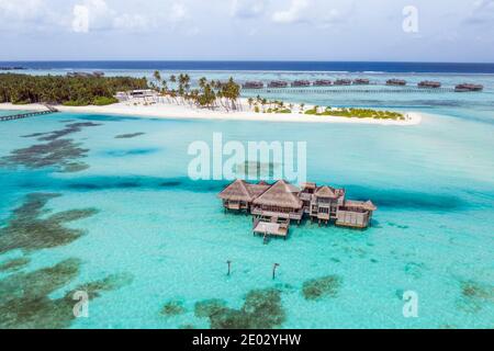 Vista aerea di vacanza isola Lankanfushi, North Male Atoll, Oceano Indiano, Maldive Foto Stock