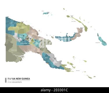 Papua Nuova Guinea higt Mappa dettagliata con suddivisioni. Mappa amministrativa di Papua Nuova Guinea con i distretti e le città nome, colorato per stati e adm Illustrazione Vettoriale