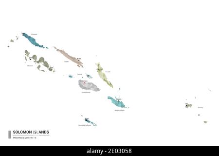 Salomone Islands higt Mappa dettagliata con suddivisioni. Mappa amministrativa delle Isole Salomone con i distretti e le città nome, colorato da stati e admin Illustrazione Vettoriale