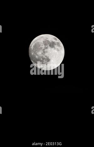 Una luna cerosa in un cielo notturno scuro, appena prima della luna piena. Formato verticale Foto Stock
