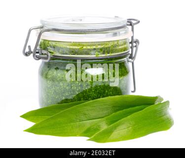 Foglie di aglio selvatico davanti ad un bicchiere con selvatico pesto di aglio Foto Stock