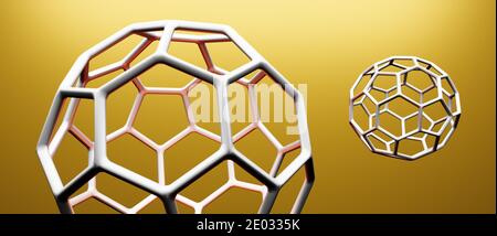 Modello di molecola di Buckminsterfullerene C60, allotrope di atomi di carbonio fullerene, sfera rotonda con anelli esagonali o mesh, illustrazione molecolare 3D Foto Stock