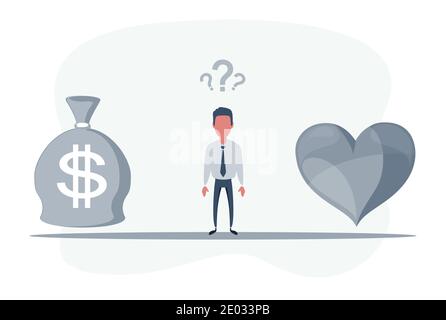 Uomo in piedi nel mezzo tra cuore e borsa di denaro. Concetto di equilibrio tra lavoro e vita. Uomo d'affari in piedi sulla segrete. Illustrazione Vettoriale