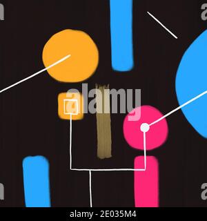 L'illustrazione astratta è dipinta da pennello su sfondo scuro - forme, linee e cerchi gialli, blu, rosa e bianchi. Illustrazione geometrica Foto Stock
