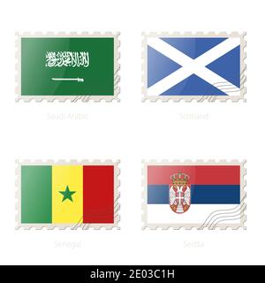 Francobollo con l'immagine di Arabia Saudita, Scozia, Senegal, Serbia flag.Postage su sfondo bianco con ombra. Illustrazione vettoriale. Illustrazione Vettoriale