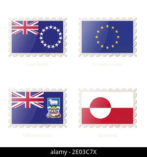 Francobollo con l'immagine di Isole Cook, Unione europea, Isole Falkland, bandiera della Groenlandia. Illustrazione vettoriale. Illustrazione Vettoriale