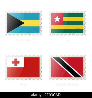 Francobollo con l'immagine della bandiera delle Bahamas, Togo, Tonga, Trinidad e Tobago. Illustrazione vettoriale. Illustrazione Vettoriale